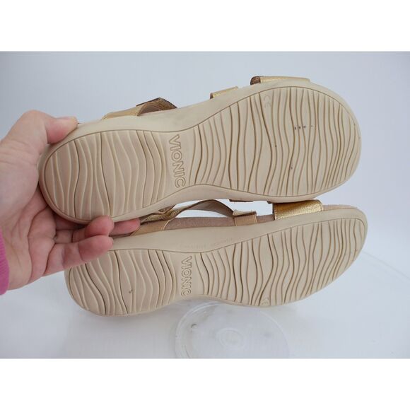 Vionic Raya Sandals Womens 9.5 Gold Leather Wedge Orthotic Adjustable - Picture 8 of 12